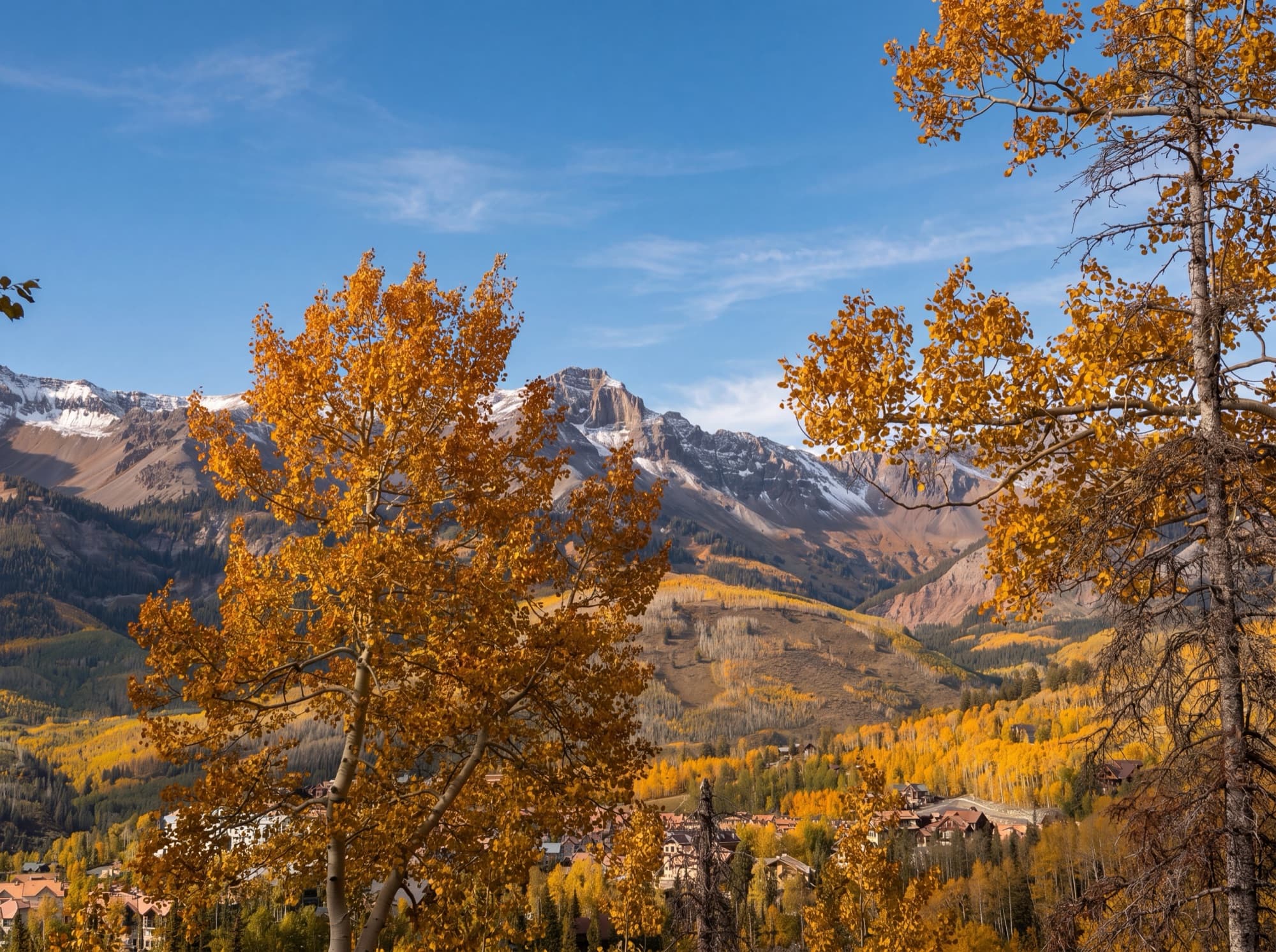 Golden aspens above Mountain Village in autumn, seen from a home we manage